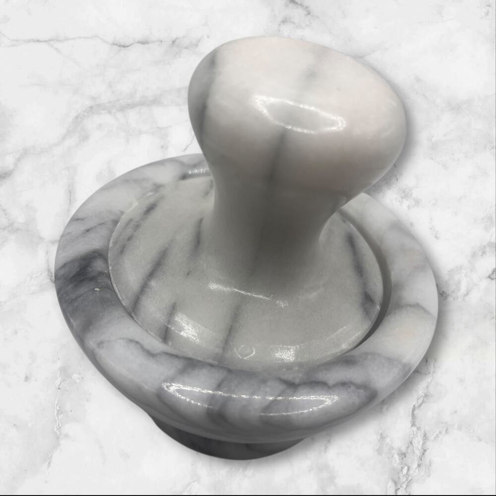 Marble Mushroom Mortar and Pestle in Gray and White Marble 4” Round 4” T